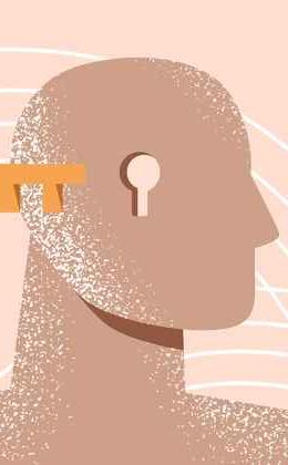 Graphic illustration of a head and mind as a lock with a key next to it